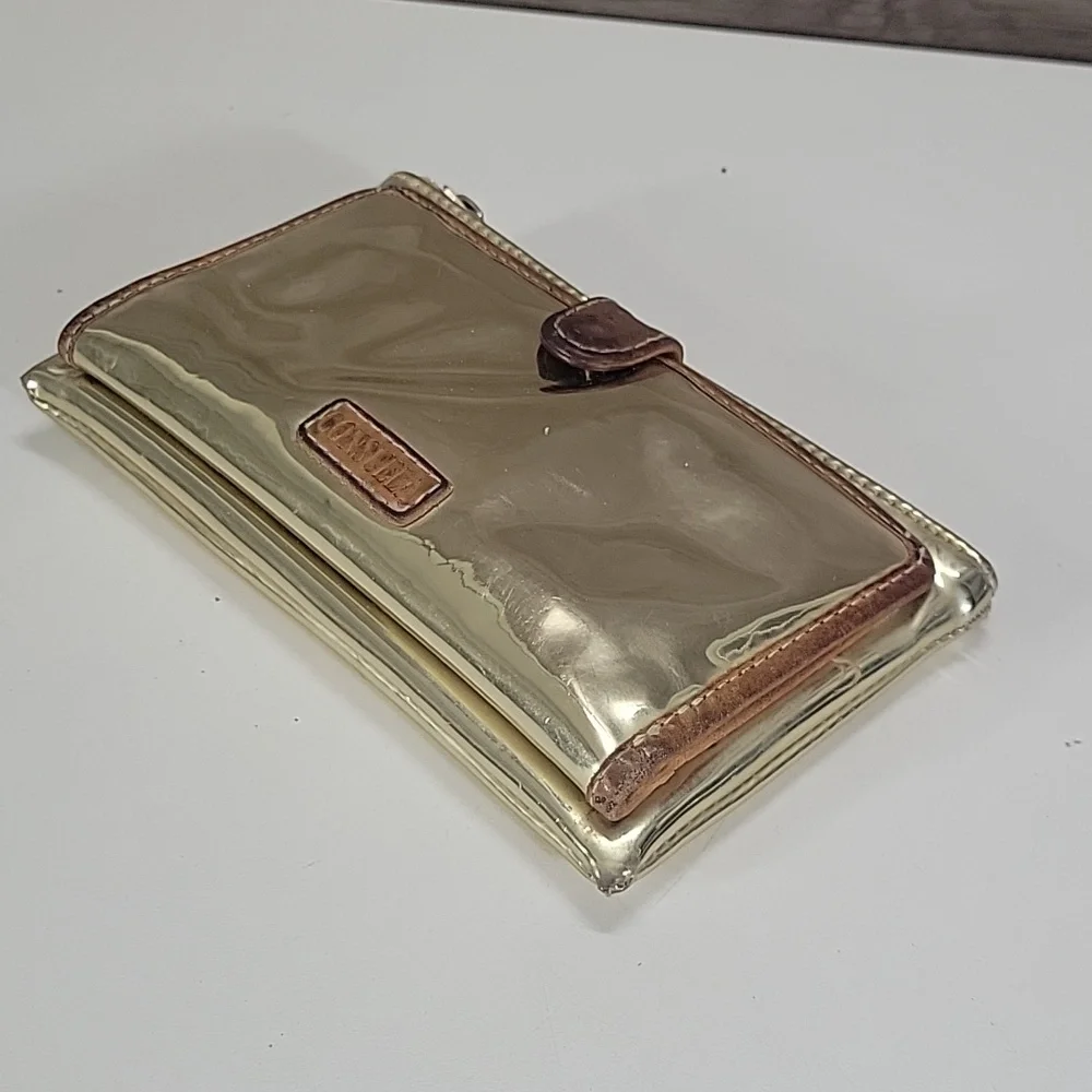 Consuela Metallic Gold PVC Clutch Wallet with Brown Leather Trim